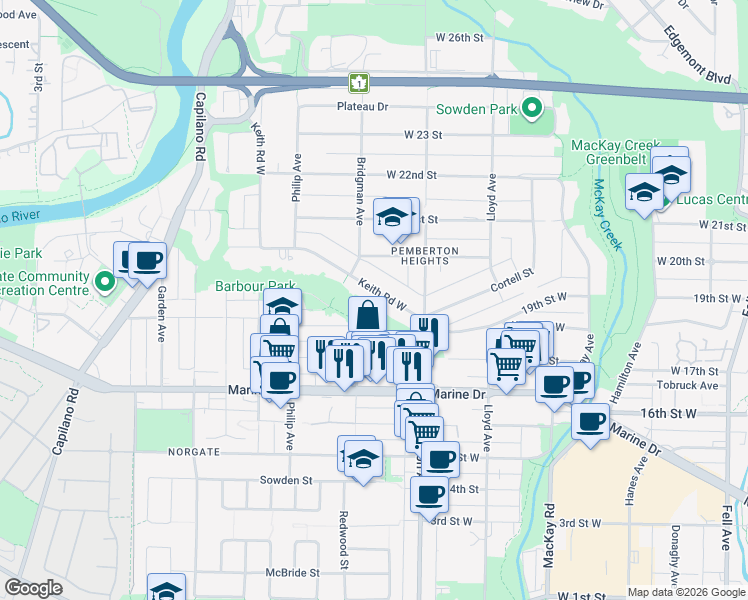 map of restaurants, bars, coffee shops, grocery stores, and more near in North Vancouver