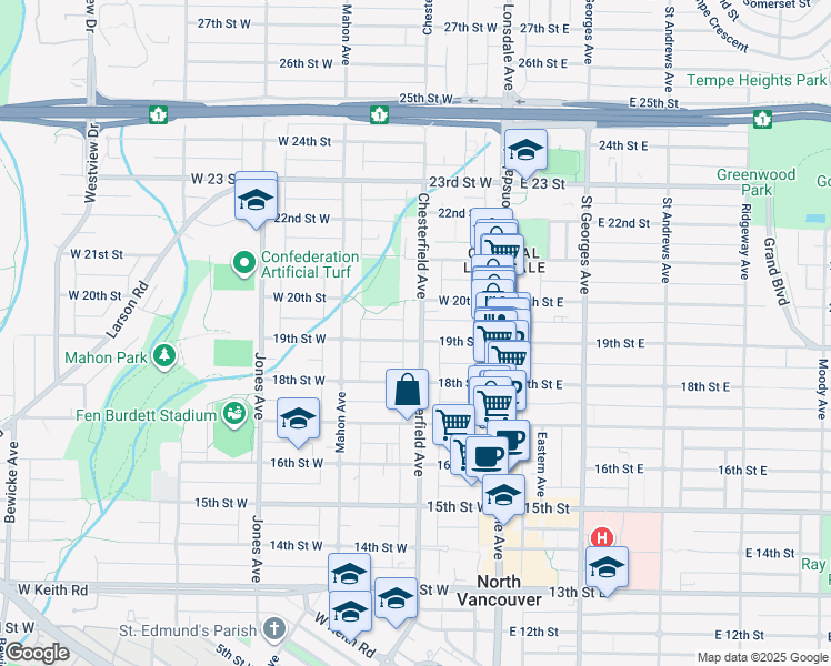 map of restaurants, bars, coffee shops, grocery stores, and more near 1905 Chesterfield Avenue in North Vancouver