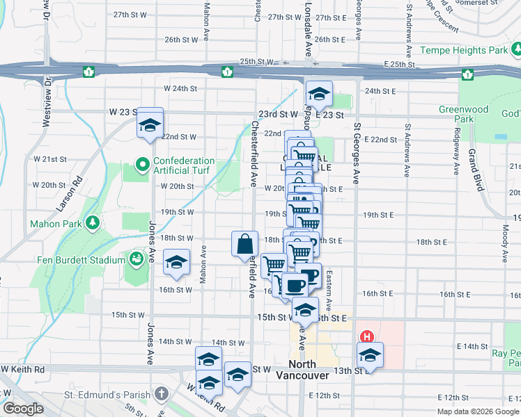 map of restaurants, bars, coffee shops, grocery stores, and more near 1910 Chesterfield Avenue in North Vancouver