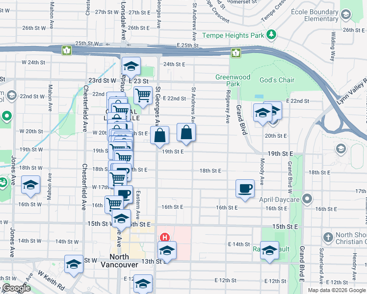 map of restaurants, bars, coffee shops, grocery stores, and more near in North Vancouver