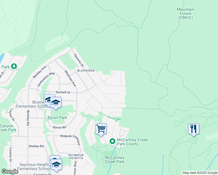 map of restaurants, bars, coffee shops, grocery stores, and more near 2035 Hill Drive in North Vancouver