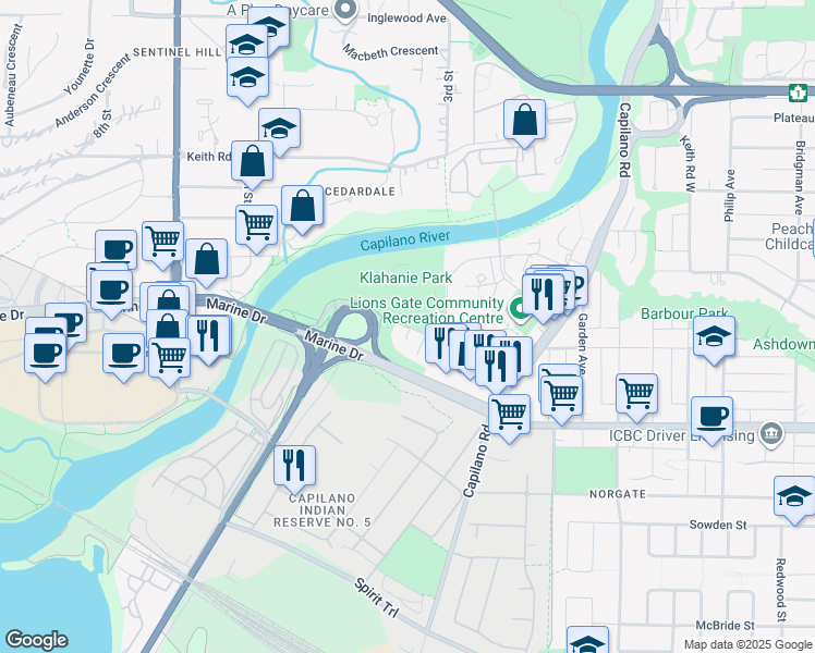 map of restaurants, bars, coffee shops, grocery stores, and more near 200 Klahanie Court in West Vancouver