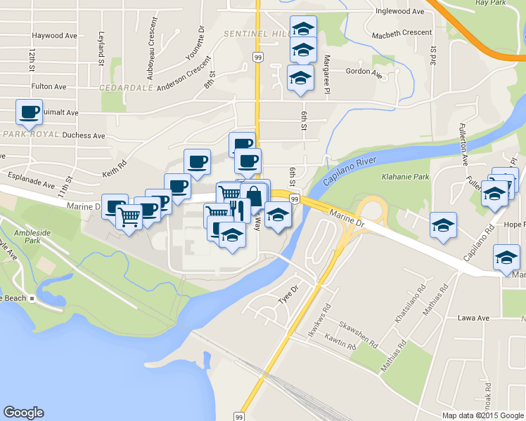 map of restaurants, bars, coffee shops, grocery stores, and more near 494 Park Royal South in West Vancouver