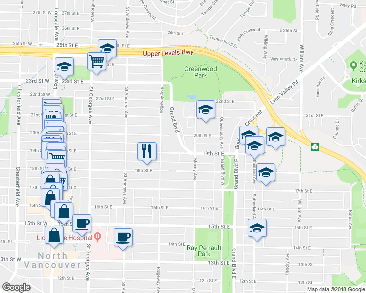map of restaurants, bars, coffee shops, grocery stores, and more near 1753 Grand Boulevard in North Vancouver