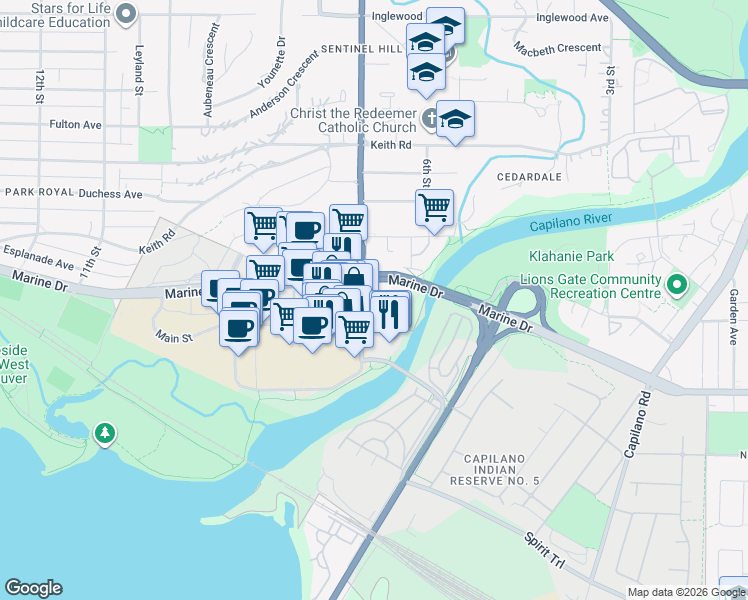 map of restaurants, bars, coffee shops, grocery stores, and more near 328 Taylor Way in West Vancouver