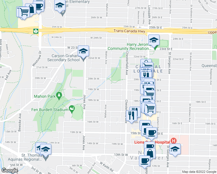 map of restaurants, bars, coffee shops, grocery stores, and more near 1908 Mahon Avenue in North Vancouver