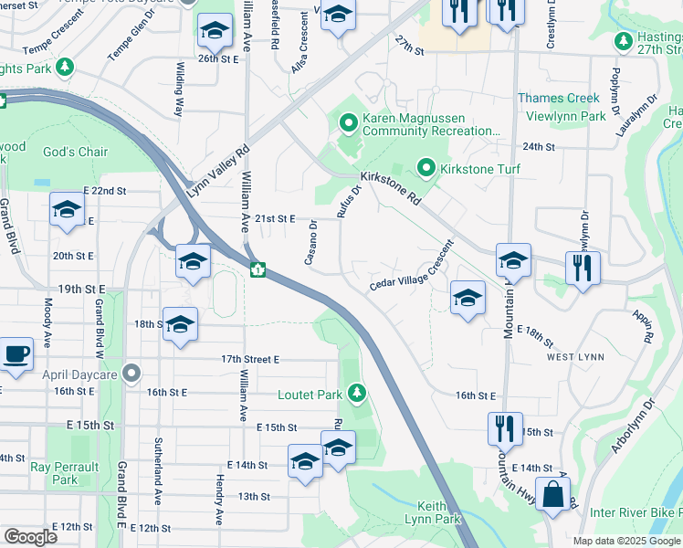 map of restaurants, bars, coffee shops, grocery stores, and more near 1999 Cedar Village Crescent in North Vancouver