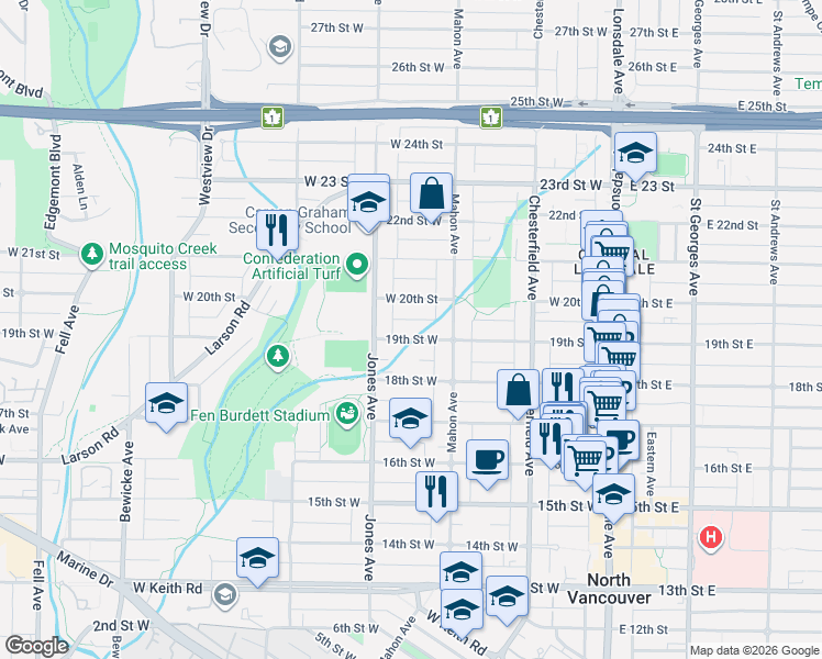 map of restaurants, bars, coffee shops, grocery stores, and more near 336 19th Street West in North Vancouver