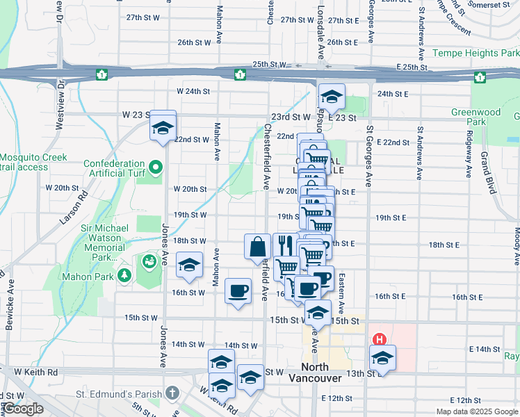 map of restaurants, bars, coffee shops, grocery stores, and more near 1915 Chesterfield Avenue in North Vancouver