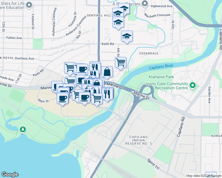 map of restaurants, bars, coffee shops, grocery stores, and more near 364 Taylor Way in West Vancouver