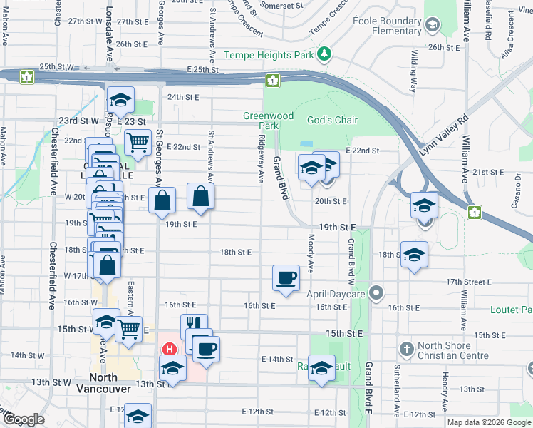 map of restaurants, bars, coffee shops, grocery stores, and more near 1928 Ridgeway Avenue in North Vancouver