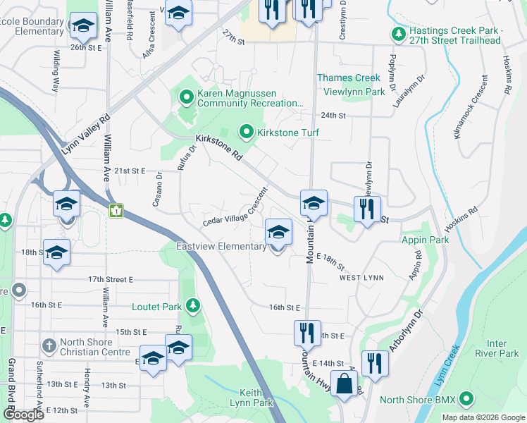 map of restaurants, bars, coffee shops, grocery stores, and more near 1989 Cedar Village Crescent in North Vancouver