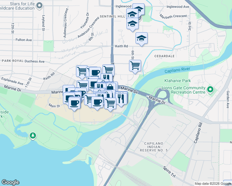 map of restaurants, bars, coffee shops, grocery stores, and more near 338 Taylor Way in West Vancouver