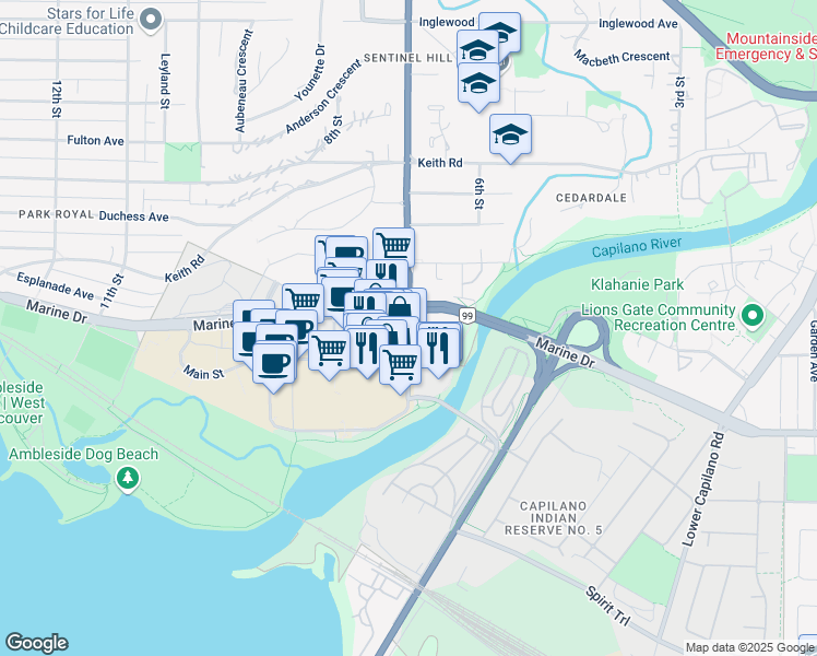 map of restaurants, bars, coffee shops, grocery stores, and more near 338 Taylor Way in West Vancouver