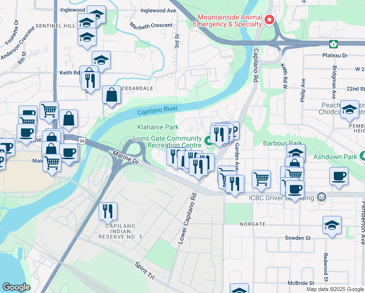 map of restaurants, bars, coffee shops, grocery stores, and more near 2070 Curling Road in North Vancouver