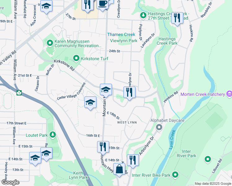 map of restaurants, bars, coffee shops, grocery stores, and more near 1334 Briarlynn Crescent in North Vancouver