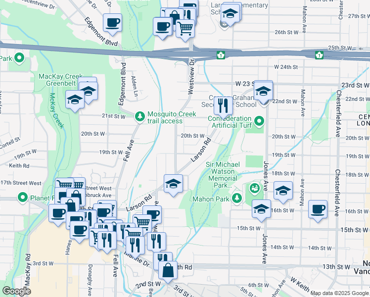 map of restaurants, bars, coffee shops, grocery stores, and more near West 19th Avenue in Vancouver
