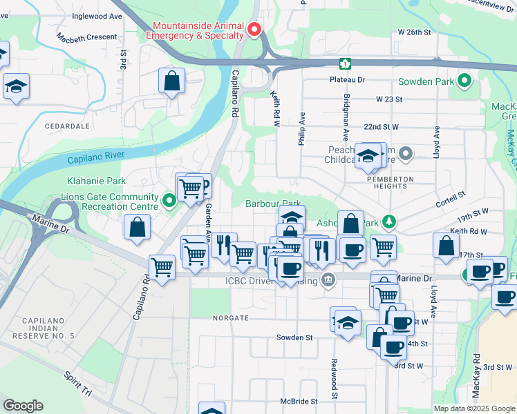 map of restaurants, bars, coffee shops, grocery stores, and more near 1866 Bowser Avenue in North Vancouver