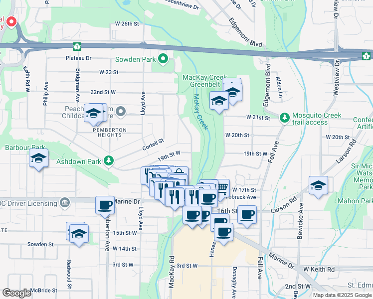 map of restaurants, bars, coffee shops, grocery stores, and more near 1006 19th Street West in North Vancouver