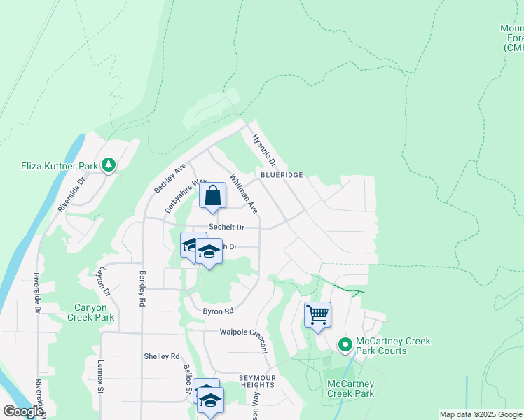 map of restaurants, bars, coffee shops, grocery stores, and more near 2100 Whitman Avenue in North Vancouver
