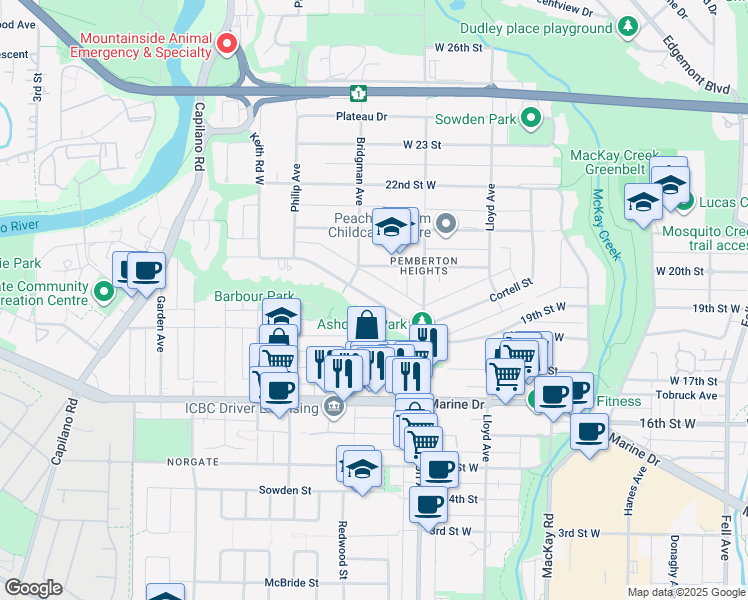 map of restaurants, bars, coffee shops, grocery stores, and more near 440 West Keith Road in North Vancouver
