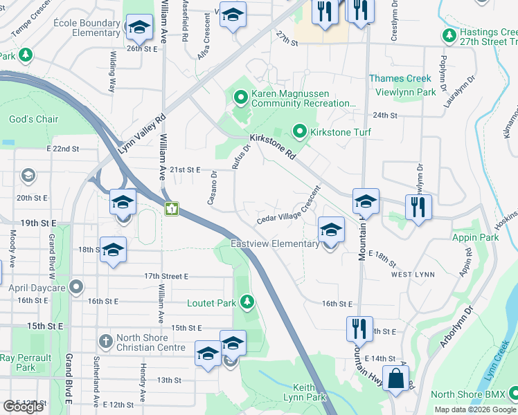 map of restaurants, bars, coffee shops, grocery stores, and more near 1910 Cedar Village Crescent in North Vancouver