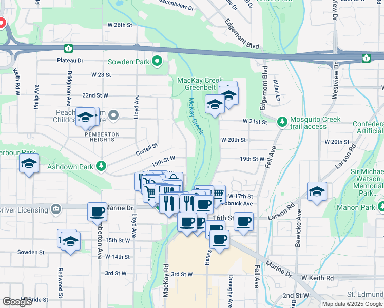 map of restaurants, bars, coffee shops, grocery stores, and more near 1908 Mackay Avenue in North Vancouver