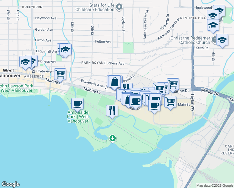 map of restaurants, bars, coffee shops, grocery stores, and more near 1061 Marine Drive in North Vancouver