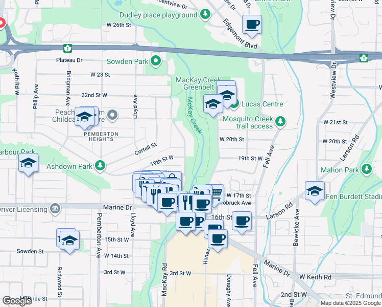 map of restaurants, bars, coffee shops, grocery stores, and more near 1908 Mackay Avenue in North Vancouver