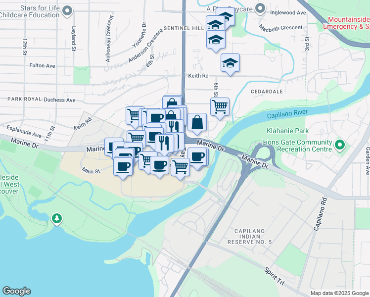 map of restaurants, bars, coffee shops, grocery stores, and more near 338 Taylor Way in West Vancouver