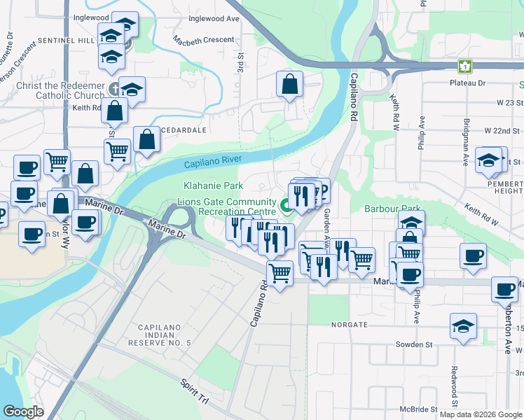 map of restaurants, bars, coffee shops, grocery stores, and more near 1982 Belle Isle Place in North Vancouver