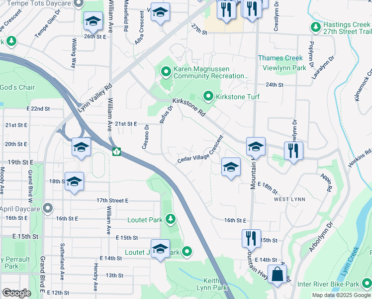 map of restaurants, bars, coffee shops, grocery stores, and more near 1910 Cedar Village Crescent in North Vancouver