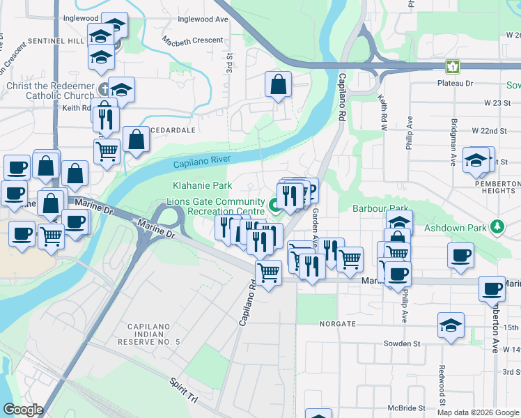 map of restaurants, bars, coffee shops, grocery stores, and more near 2060 Curling Road in North Vancouver