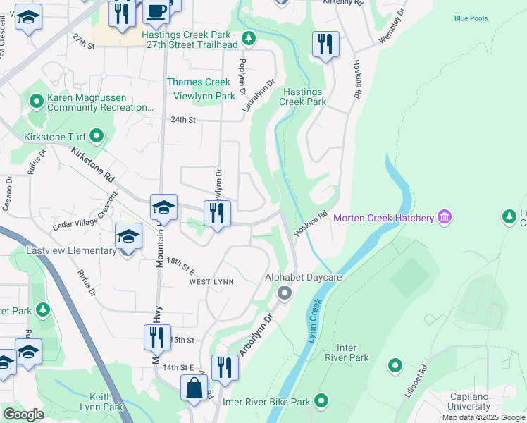 map of restaurants, bars, coffee shops, grocery stores, and more near 1533 Merlynn Crescent in North Vancouver