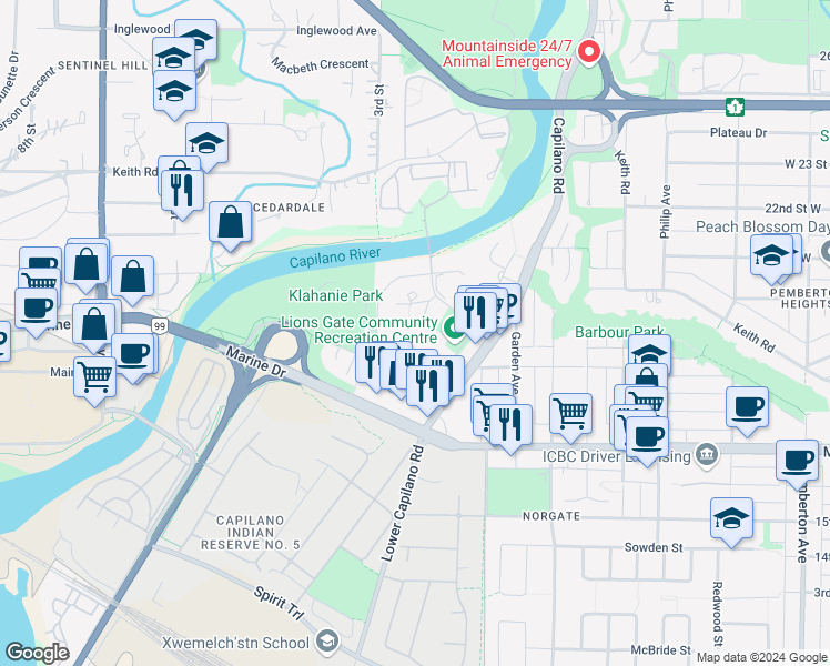 map of restaurants, bars, coffee shops, grocery stores, and more near 2060 Curling Road in North Vancouver