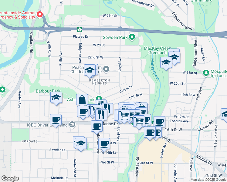 map of restaurants, bars, coffee shops, grocery stores, and more near 1140 Cortell Street in North Vancouver