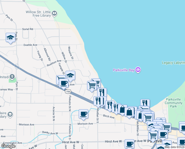 map of restaurants, bars, coffee shops, grocery stores, and more near 330 Dogwood Street in Parksville