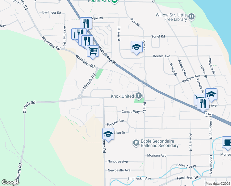 map of restaurants, bars, coffee shops, grocery stores, and more near 322 Rheumer Crescent in Parksville