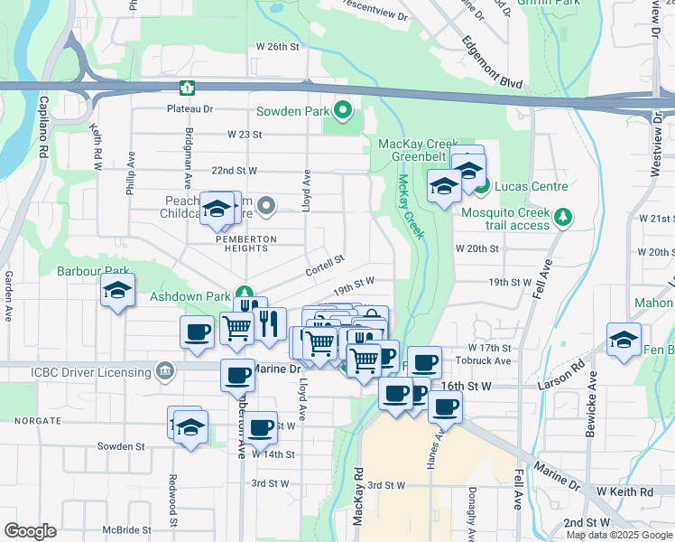 map of restaurants, bars, coffee shops, grocery stores, and more near 1045 Cortell Street in North Vancouver