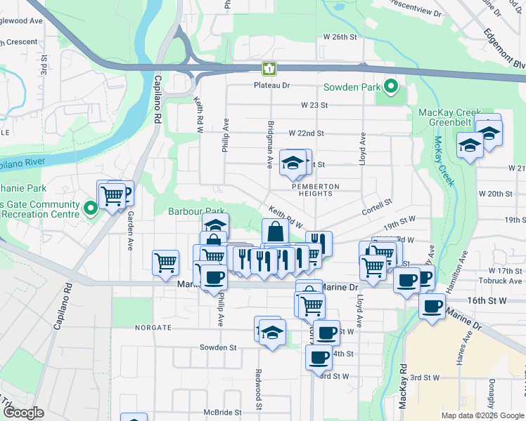 map of restaurants, bars, coffee shops, grocery stores, and more near 1310 Keith Road in North Vancouver