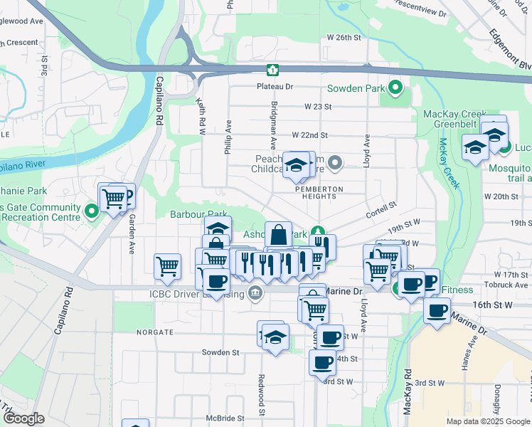 map of restaurants, bars, coffee shops, grocery stores, and more near 1295 Keith Road West in North Vancouver