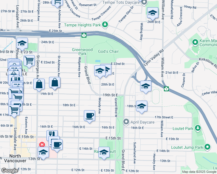 map of restaurants, bars, coffee shops, grocery stores, and more near in North Vancouver
