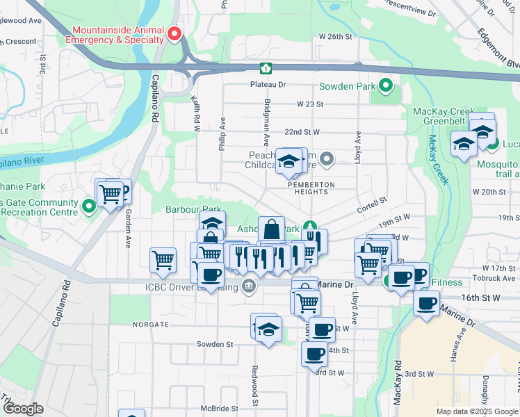 map of restaurants, bars, coffee shops, grocery stores, and more near 1295 Keith Road in North Vancouver