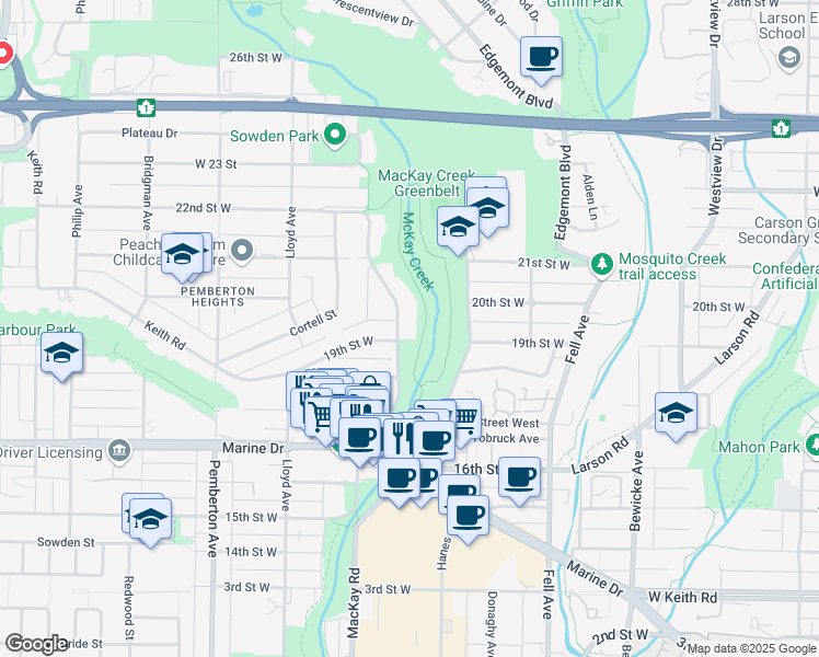 map of restaurants, bars, coffee shops, grocery stores, and more near 1916 Mackay Avenue in North Vancouver