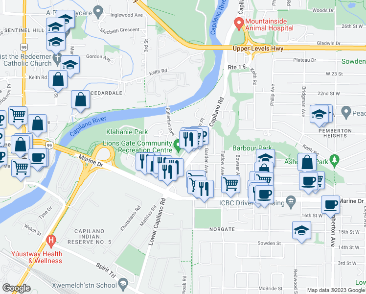 map of restaurants, bars, coffee shops, grocery stores, and more near 1912 Fullerton Avenue in North Vancouver
