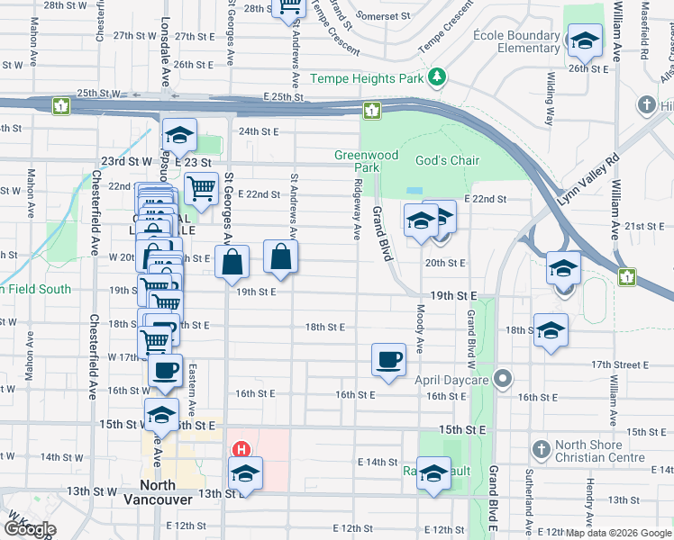 map of restaurants, bars, coffee shops, grocery stores, and more near 345 20th Street East in North Vancouver