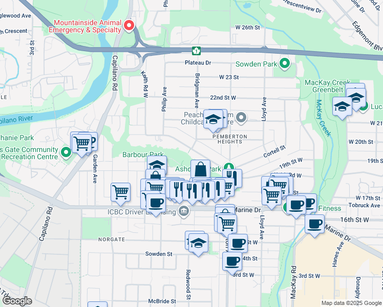 map of restaurants, bars, coffee shops, grocery stores, and more near 1295 Keith Road in North Vancouver