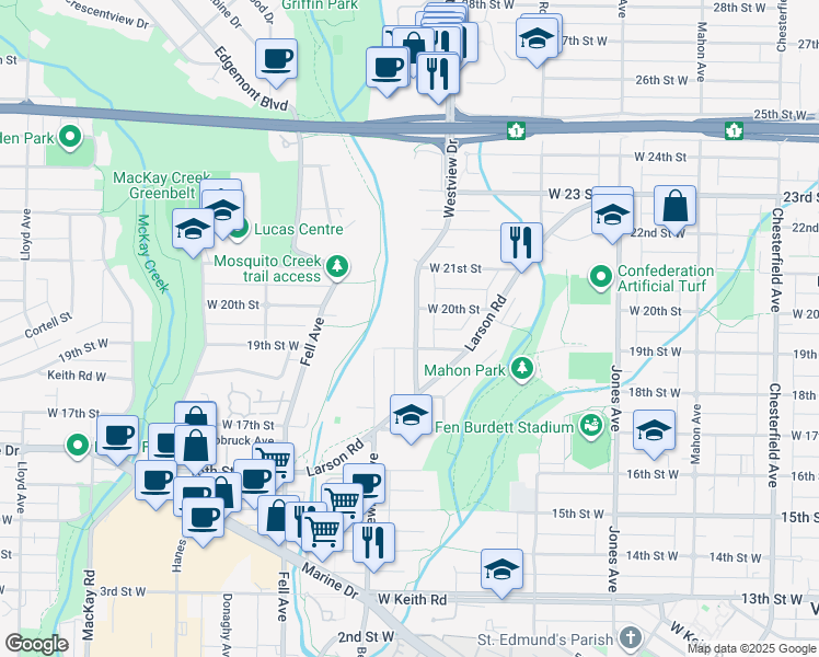 map of restaurants, bars, coffee shops, grocery stores, and more near 1931 Westview Drive in North Vancouver