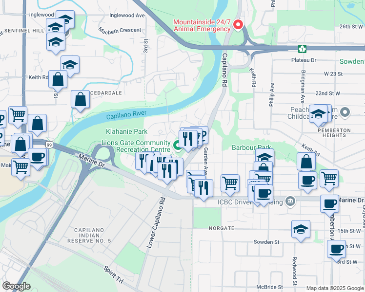 map of restaurants, bars, coffee shops, grocery stores, and more near in North Vancouver