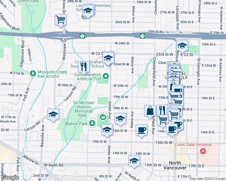 map of restaurants, bars, coffee shops, grocery stores, and more near 1932 Jones Avenue in North Vancouver